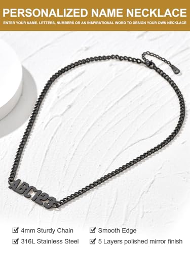 GoldChic JEWELRY Name Necklace Personalized for Men, Womens Custom Name Plate Chain, Stainless Steel Customized Old English Nameplate Choker with Curb Chains Custom, 16 inches to 30 inches - color: Curb Chain 4 mm-Black(Small Pendant)