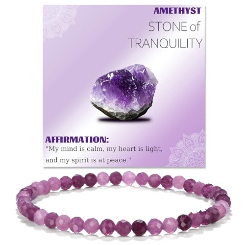 Natural Faceted Crystal Bracelet for Women,4mm Gemstone Round Beads Bracelets Adjustable Stretchy Healing Crystal Beads Bracelets Dainty Jewelry Gift - color: Amethyst
