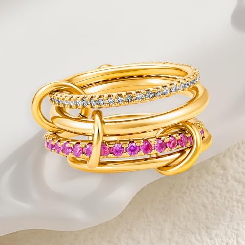 Cicy Bell Interlocking Ring for Women 18k Gold Plated CZ Stack Ring Set - color: Style B-Gold, size: 7