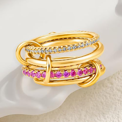 Cicy Bell Interlocking Ring for Women 18k Gold Plated CZ Stack Ring Set - color: Style B-Gold, size: 7
