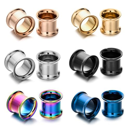 B BodyPJ Sparkles 6Pairs-Mix Color Surgical Steel Piercing Hollow Tunnel Ear Plugs Expander Gauges - size: 6mm