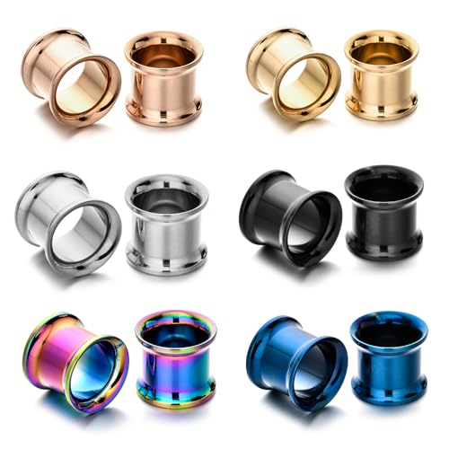 B BodyPJ Sparkles 6Pairs-Mix Color Surgical Steel Piercing Hollow Tunnel Ear Plugs Expander Gauges - size: 11mm