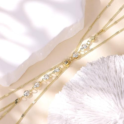 14K Gold Plated Body Chains for Women Sexy Layered Belly Waist Chains Crossover Bikini Bra Chain Adjustable Beads Chest Chain Summer Beach Rhinestone Beach Nightclub Body Jewelry - style: style D