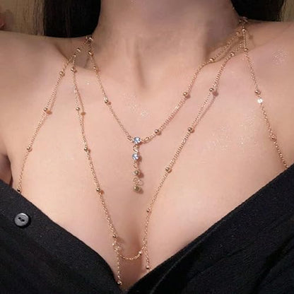 Gold Plated Body Chain for Women, Layered Bikini Waist Chain | Sexy Rhinestone Body Jewelry, Chest Belly Chain, Adjustable Fit, Crossover Design, Summer Beach Parties and Vacations - color: Gold5