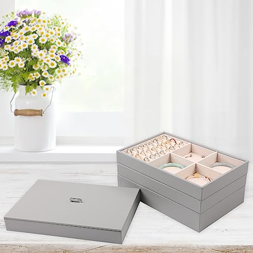 Voova Stackable Jewelry Organizer Tray with Lid (Set of 4, Gray) | Stackable PU leather jewelry trays with drawer inserts for earrings, rings, necklaces, bracelets and watches; set of 4 - color: Grey