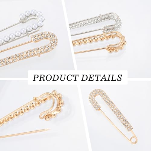 CREATCABIN 4pcs Women Brooch Pin Faux Crystal Pearl Brooches Sweater Shawl Clip Decorative Safety Pins Cardigan Collar Dress Shirt Clip Rhinestone Decoration for Clothing Hat Gold Silver 2.87×0.79in