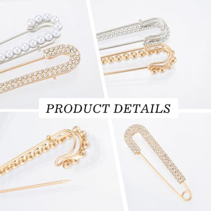 CREATCABIN 4pcs Women Brooch Pin Faux Crystal Pearl Brooches Sweater Shawl Clip Decorative Safety Pins Cardigan Collar Dress Shirt Clip Rhinestone Decoration for Clothing Hat Gold Silver 2.87×0.79in