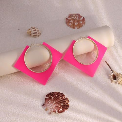 Colorful Large Hoop Earrings for Women Big Square Hollow Hoops Dangle Earrings Trendy Chunky Geometric Square Earring 80s 90s Neon Hoop Dangle Earrings - color: rose red