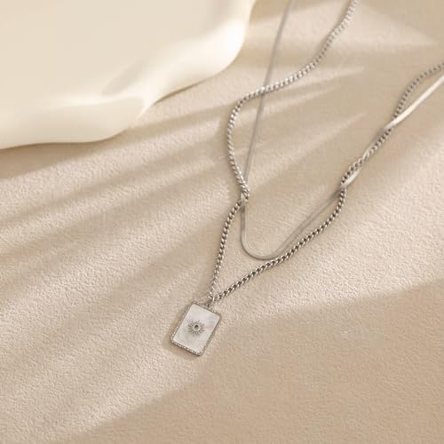CTRLZTEAM Layered Necklaces for Women Gold Silver Snake Chain Pendant - style: Double Layer Square Shell Necklace - Silver