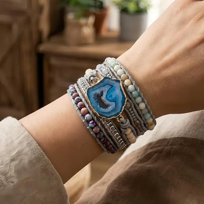 YGLINE Boho Handmade Wrap Leather Tube Crystal Stone Bracelet for Women - color: Blue Druzy
