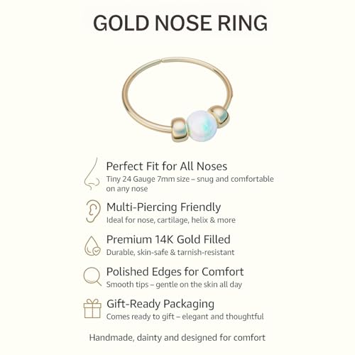 Jolliz Opal Nose Rings Hoops – 24 Gauge Classic Design, Elegant Nose Rings for Women & hypoallergenic Nose Piercings Jewelry Perfect for Any Occasion with Comfortable Fit - color: White Opal Gold