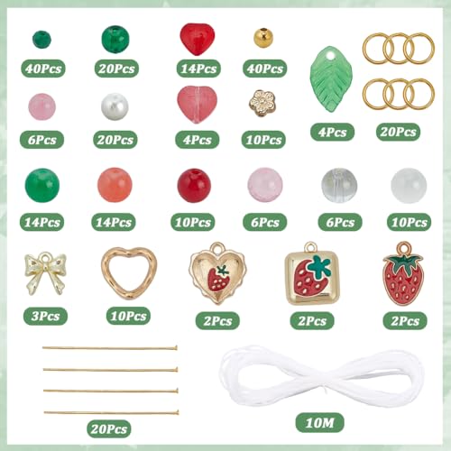 SUNNYCLUE 1 Box 6 Sets Christmas Fruit Bracelet Making Kits Enamel Strawberry Charms Red Green Glass Spring Food Alloy Light Gold Heart Flower Leaf Beads for Jewelry Making Kits Starter Supplies - style: Cherry 2
