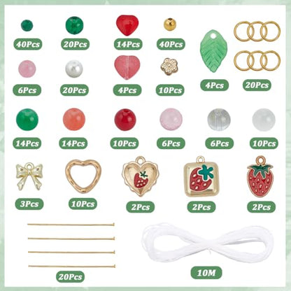 SUNNYCLUE 1 Box 6 Sets Christmas Fruit Bracelet Making Kits Enamel Strawberry Charms Red Green Glass Spring Food Alloy Light Gold Heart Flower Leaf Beads for Jewelry Making Kits Starter Supplies - style: Cherry 2