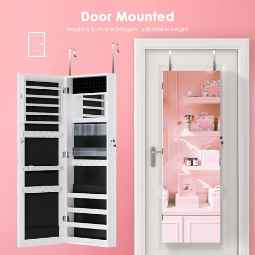 PEALSN Full Length Mirror Jewelry Organizers and Storage Cabinet, Wall or Door Mounted, Necklace Ring Earring, and Makeup Storage Lockable Gift Armoire, White.