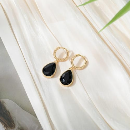 Crystals Teardrop Dangle Drop Earrings, 18K Gold Plated Hoop Earrings Zirconia Jewelry for Women Gifts - color: Black Earrings