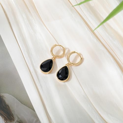 Crystals Teardrop Dangle Drop Earrings, 18K Gold Plated Hoop Earrings Zirconia Jewelry for Women Gifts - color: Black Earrings