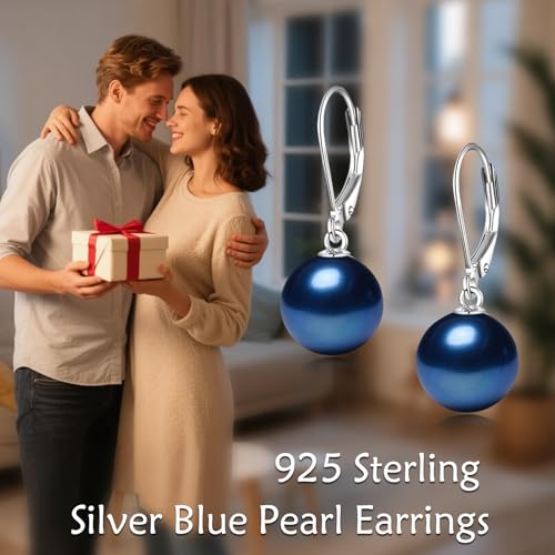 925 Sterling Silver Pearl Leverback Earrings Dangle Drop Jewelry Gifts for Women - style: Navy Blue Pearl