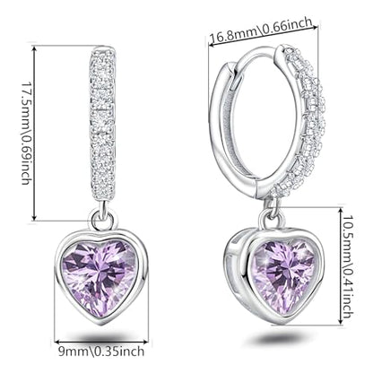 Heart Hoop Earrings with Dangle Sterling Silver Love Heart-Shaped Loop Earrings for Women Hypoallergenic Sparkle Birthstone Cubic Zirconia Hoop Earring with Dangling Charms Dainty Fashion Jewelry Gift - color: Purple