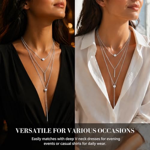 Layered Y Shape Necklace for Women Round Pendant Bar Minimalist Design Gold Silver