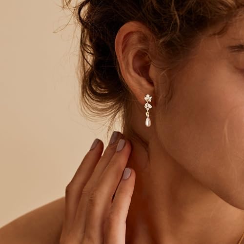 Pearl Earrings for Women:Gold Wedding Dangle Drop Earring Pearl Jewelry | 14K Gold Plated Pearl Drop Earrings for Women,Dainty Wedding Bride Earring Studs,Gold Dangle Drop Earring,Waterproof Jewelry - size: 1 pcs-15
