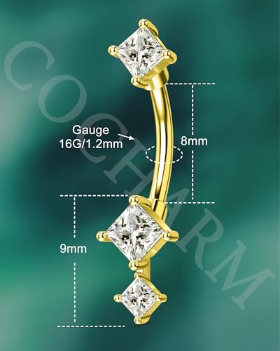 16G Rook Earrings Square Zirconium Eyebrow Rook Piercing Jewelry Stainless Steel Vertical Lip Jewelry Belly Button Ring - color: YG-8MM