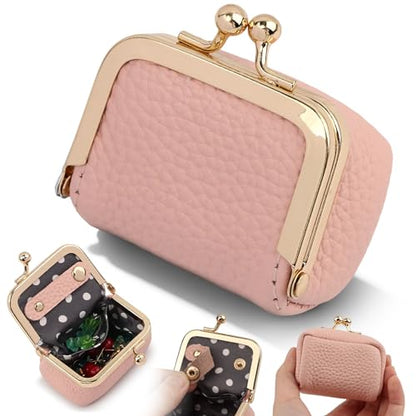 Genuine Leather Small Jewelry Travel Case with Kiss Lock, Portable Travel Jewelry Case Mini Coin Purse for Rings, Earrings, Pendants, Necklaces, Mini Jewelry Box for Girls Women(Pink) - color: Pink
