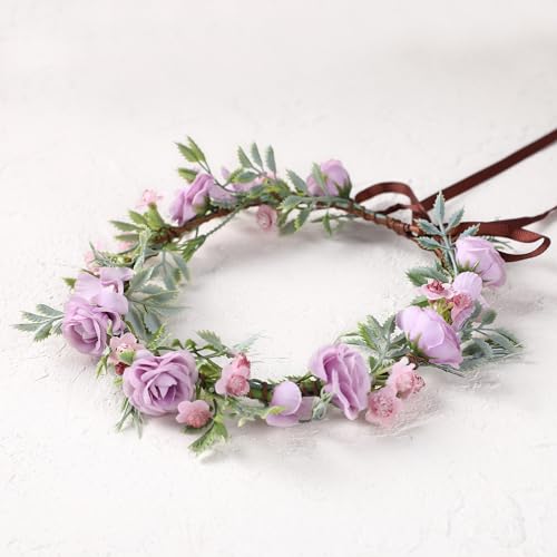 Fairy Purple Flower Crown Headband, Rose Floral Headpiece | Adjustable, Fairy Flower Crown, Women Girls, Renaissance Birthday Wedding Party Photo Props - color: Purple