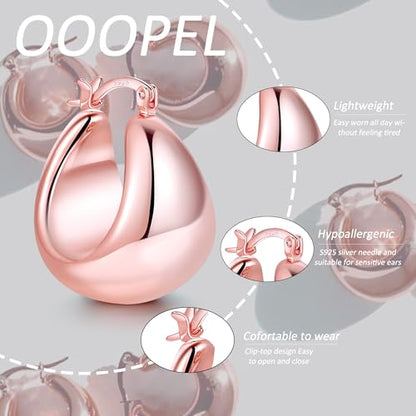 OOOPEL Gold Hoop Earrings for Women,925 Sterling Silver Chunky Hoop Earrings Hypoallergenic Lightweight 14K Gold Plated Thick Gold Hoops for Women 22mm 26mm - color: rose gold-26