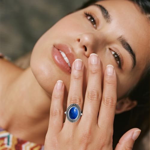 Retro Sterling Silver Stone Ring,Antique Natural Real Oval Crystal Quartz Gemstone Boho Bohemian Ring Jewelry for Women - color: A08_Lapis Lazuli