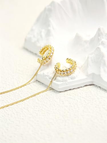 Long Chain Cuff Earrings Gold Silver Wrap Tassel Earrings Minimalist Cz Round Stud With Chain Cuff Double Piercing Jewelry Statement Fake Earrings for Women - color: style2-gold-2pcs