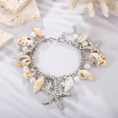 RUOFFETA Shell Starfish Necklace Bracelet Conch Statement Chunky Necklace Mermaid Costume Jewelry Beach Jewelry for Women - style: Anklet Silver