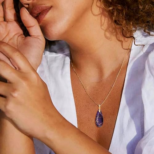 Stone Necklaces for Women Teardrop Gemstone Pendant Necklace Natural Stone Chain Necklaces - color: Purple Gold