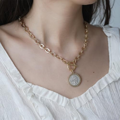 MISS SECRET Chunky Gold Necklaces for Women Coin Statement Necklace Antique Silver and Gold Chain Thick Toggle Pendant Trendy Fashion Jewelry - style: Worn Gold & Sliver