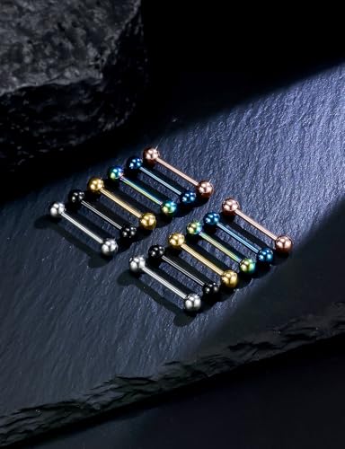 14G Threadless Tongue Rings Piercing Jewelry Surgical Steel Straight Barbell Nipple Tongue Ring Piercing Jewelry For Women Men 14MM 16MM Bar Length Ball Size 5MM Mix Color - size: 14 Gauge-16MM Length Bar