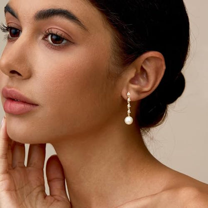 CHESKY Pearl Drop Earrings for Women, 14K Gold Plated Pearl Dangle Earrings | Dainty Pearl Earrings for Women,WaterProof Gold Brides Wedding Earrings,Bridesmaid Bridal Gift,Trendy Women Everyday Jewelry - style: 4CZ