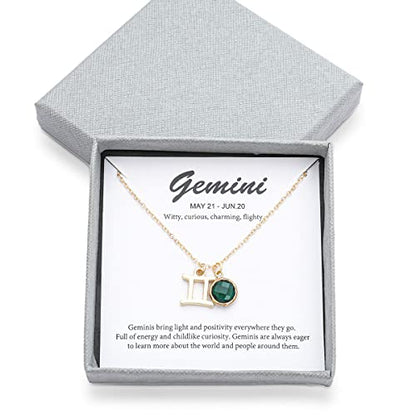 14k Gold Plated Zodiac Birthstone Crystal Pendant Necklace, Horoscope Sign Charm Necklace for Women Birthday Gift - color: Gemini-May