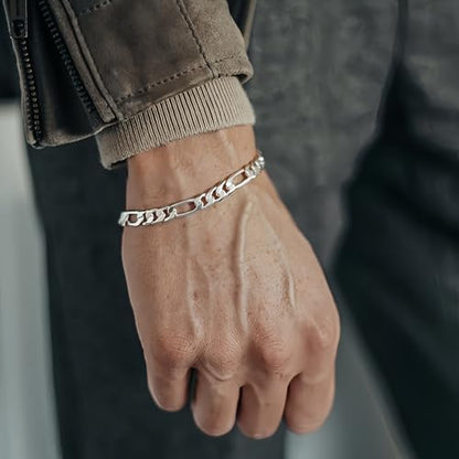 ⅓inch(8mm) White Gold Figaro Chain Bracelets for Men,Luxury Mens Bracelet,High-end Silver Chain Bracelets for Women,Hypoallergenic Durable Stacking Bracelet Gift for Boyfriend,Dad,Grilfriend 7.5-9IN - size: 8IN