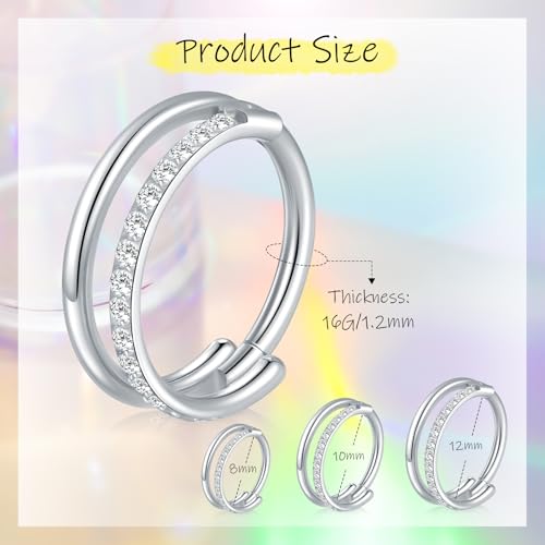 Xpircn ASTM F136 Titanium Double Hoop Septum Click Nose Rings Lip Rook Lobe Tragus Helix Cartilage Daith Conch Earrings Clear CZ Paved Nose Piercing Jewelry for Women Men - color: CZ Double Rings Gold, size: 16G 10mm