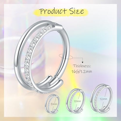 Xpircn ASTM F136 Titanium Double Hoop Septum Click Nose Rings Lip Rook Lobe Tragus Helix Cartilage Daith Conch Earrings Clear CZ Paved Nose Piercing Jewelry for Women Men - color: CZ Double Rings Silver, size: 16G 12mm