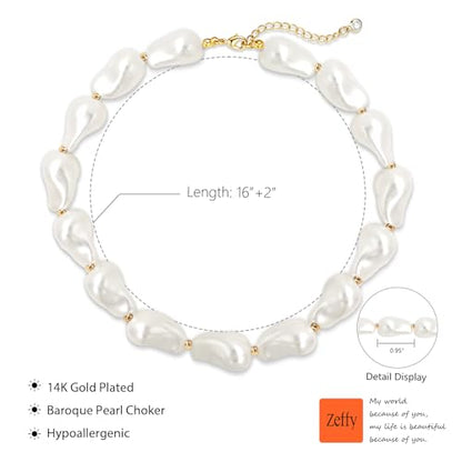 Zeffy 14K Gold/Silver Plated Chunky Thick Chain Toggle Clasp Necklace Dainty Baroque Pearl/Heart/Cross/Turquoise Pendant Necklace - color: Gold Baroque Pearl Choker