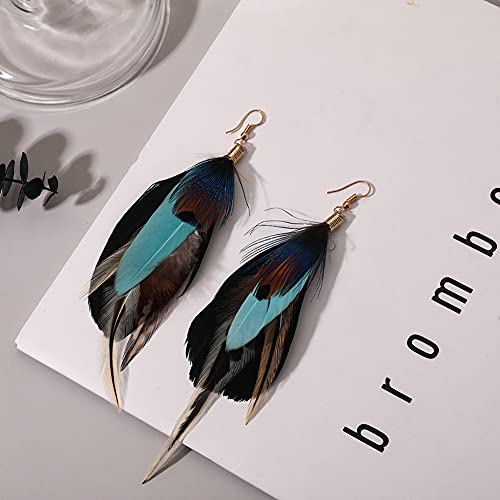 Bohemian Long Feather Earrings for Women Handmade Natural Dangle Tassel Jewelry - color: Style I