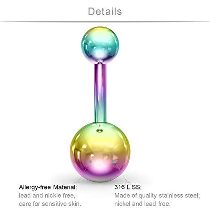 SCERRING Belly Button Rings 14G Stainless Steel Navel Belly Earring CZ Heart Opal Navel Ring Barbell Body Piercing Jewelry 12PCS - color: 12PCS - Rainbow