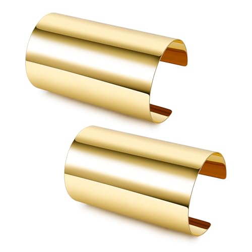 2Pcs Cuff Bangle Bracelet for Women Open Wide Bangle Bracelet Set | minimalist statement bangle bracelets，wrist cuff wrap bracelet adjustable，open wide wire grooved hammered bracelet set - color: 2PCS-Gold-C