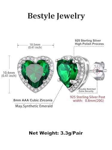 Bestyle Authentic 925 Sterling Silver 2 Carat Birthstone Earrings for Women, More Sparkle Heart/Round Solitaire Diamond Studs Earrings, Great Birthday/Christmas/Anniversary Jewelry for Wife Mother - color: 05. May Emerald-Heart