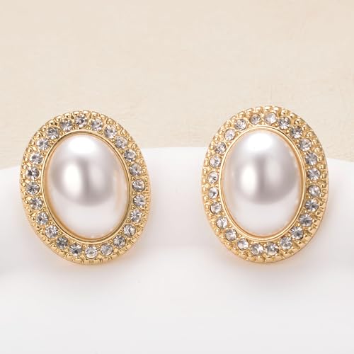 Pearl and Rhinestone Stud Earrings for Women Retro Statement Earrings Wedding Party Prom Jewelry - color: Mabe Pearl-Gold