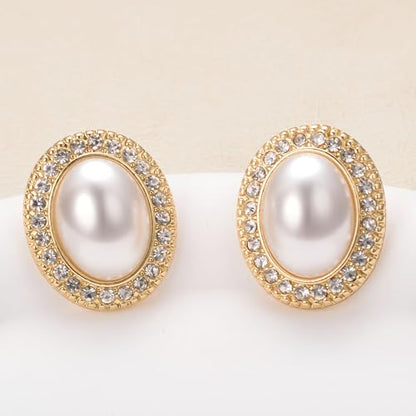 Pearl and Rhinestone Stud Earrings for Women Retro Statement Earrings Wedding Party Prom Jewelry - color: Mabe Pearl-Gold