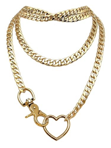 paloli Women's Slip Chain Rainbow Heart O-Ring Chunky Chain Necklace, Rays Cuban Long Layered Jewelry, Adjustable Lariat Y-Necklace Heart Loop Choker - color: B-Heart-Gold
