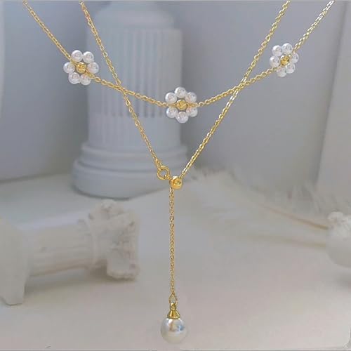 OGD Gold Pearl Necklace Set for Women 14K Plated Layered Daisy Choker Gift - color: 2PCS-Lariat Daisy Pearl-Gold
