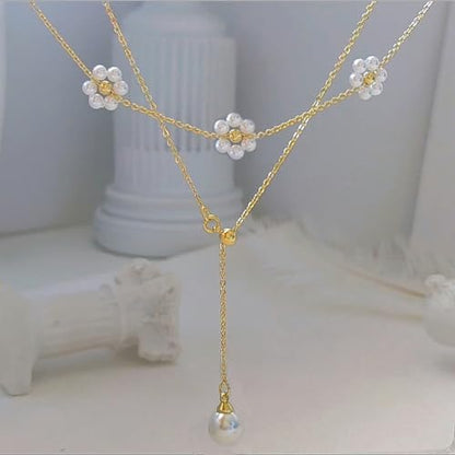 OGD Gold Pearl Necklace Set for Women 14K Plated Layered Daisy Choker Gift - color: 2PCS-Lariat Daisy Pearl-Gold