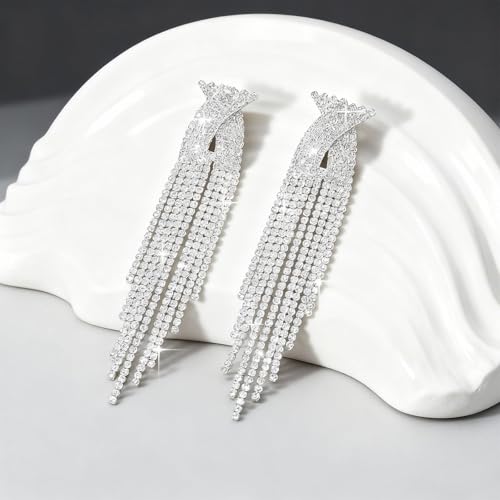 Rhinestone Earrings Prom Earrings for Women Sparkly Long Tassel Chandelier Drop Statement Earring Jewerly Gifts Wedding Party Prom Dresses Accessories - color: B1:silver